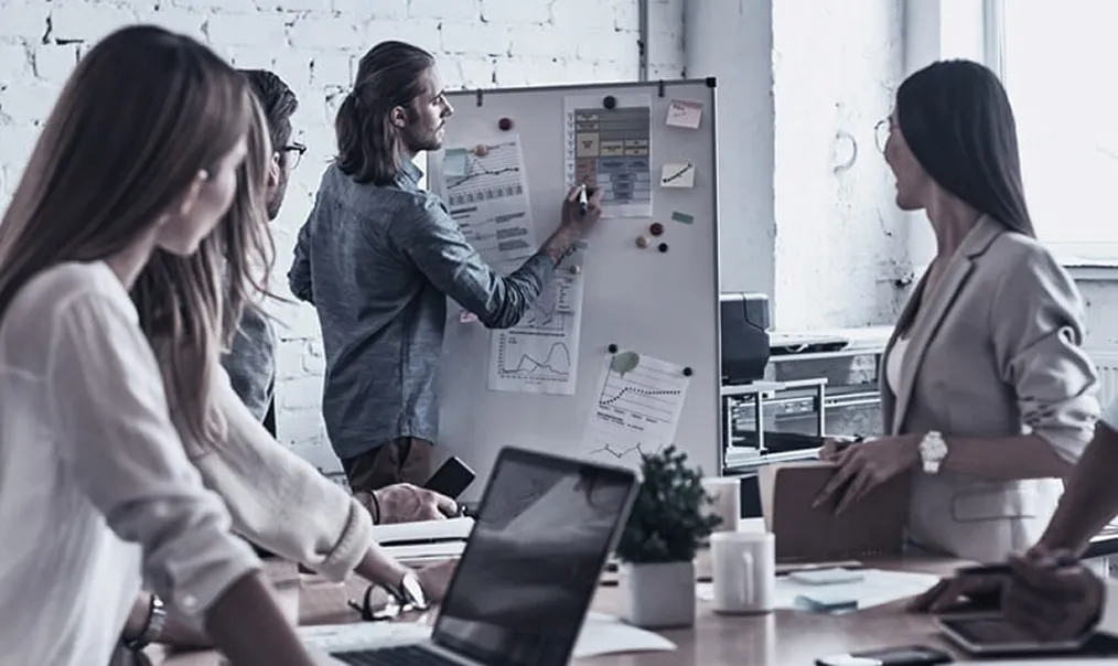 Team collaborating in a modern office
