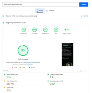 OpenXcode mobile performance tested using Google PageSpeed Insights.